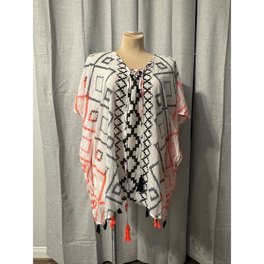 In Gear Geometric Ombré Grey To Pink Swim Cover Tassel Bottom One Size Fits Most